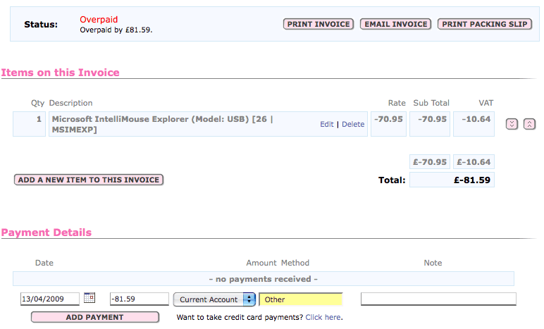 KashFlow Credit Note